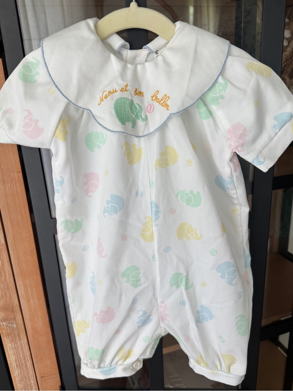 Vintage embroidered romper baby unisex elephants heirloom collar french shortall